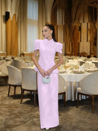 Cocoslly High Neck Short Sleeves High Waist Long Prom Dress With Sequins | Blushing Pink Satin DB0039
