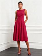 Red Lace Classic Boat Neck Sleeveless A-Line Midi Dress