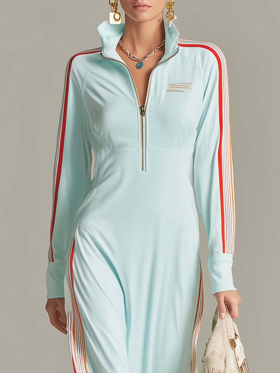 Retro Sporty Ice-Blue Half-Zip Stand-Collar Racing-Stripe Long-Sleeve Maxi Dress