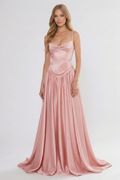 Cocoslly Spaghetti Straps Sleeveless High Waist Long Prom Dress With Appliques | Pink Satin