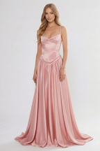 Cocoslly Spaghetti Straps Sleeveless High Waist Long Prom Dress With Appliques | Pink Satin