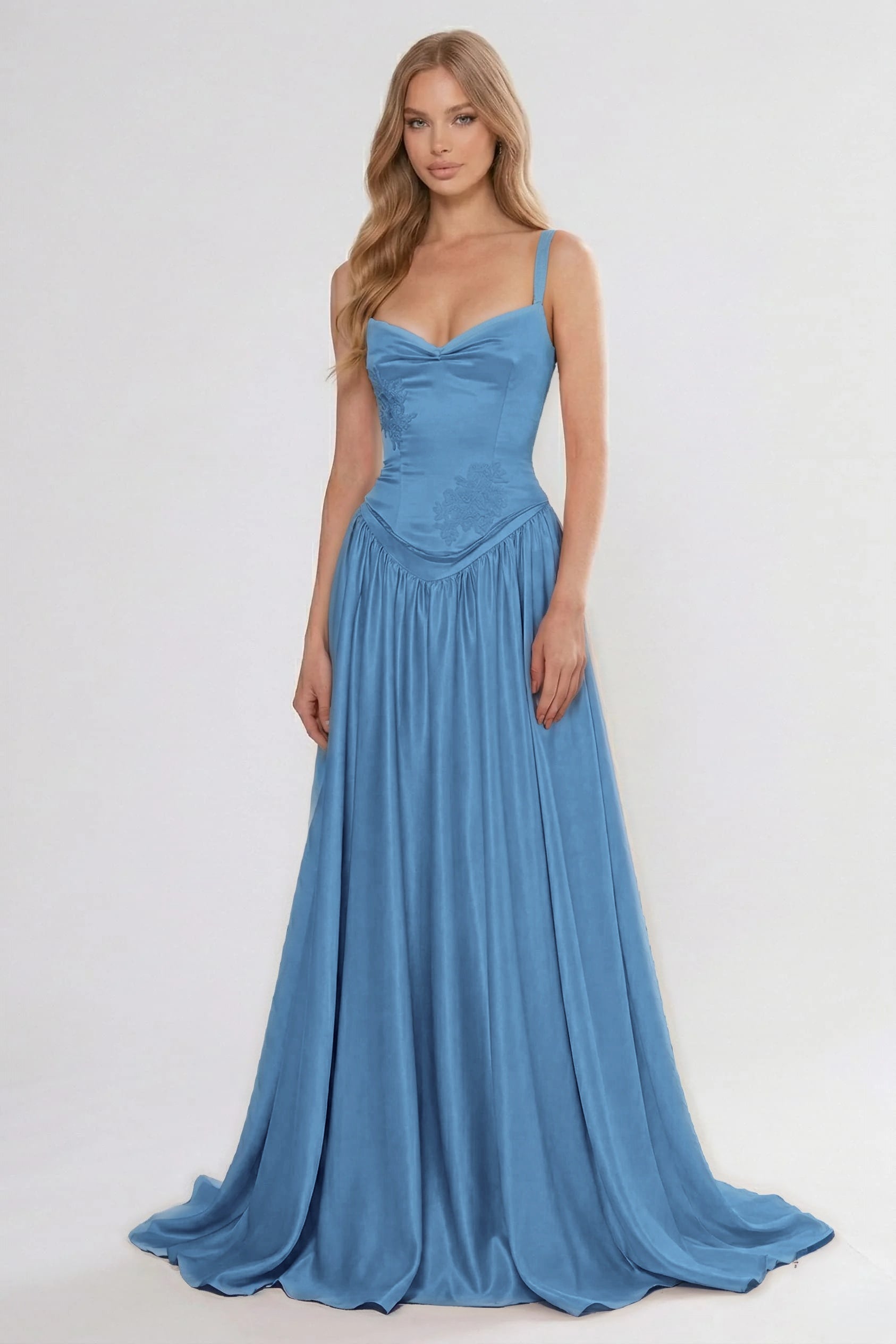 Cocoslly Spaghetti Straps Sleeveless High Waist Long Prom Dress With Appliques | Pink Satin
