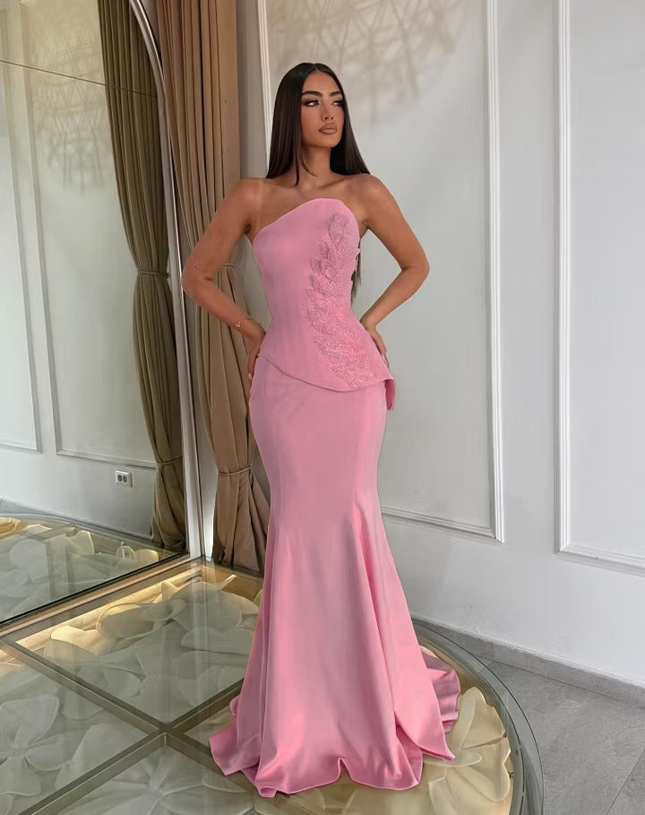 Cocoslly Strapless Sleeveless High Waist Long Mermaid Prom Dress With Appliques | Daffodil Satin LX0089
