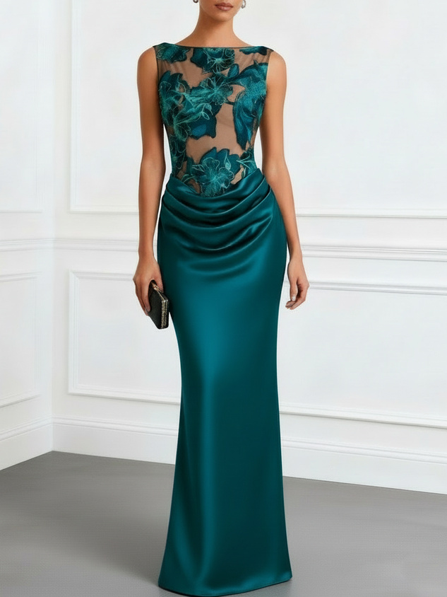 Cyan Jacquard Ruched Satin Boat Neck Sleeveless Sheath Floor-length Gown Dress