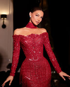 Cocoslly Strapless Long Sleeves High Waist Long Mermaid Prom Dress With Beadings | Red Sequins CO0099