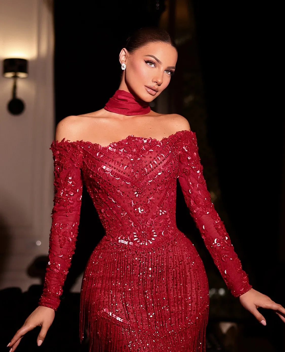 Cocoslly Strapless Long Sleeves High Waist Long Mermaid Prom Dress With Beadings | Red Sequins CO0099