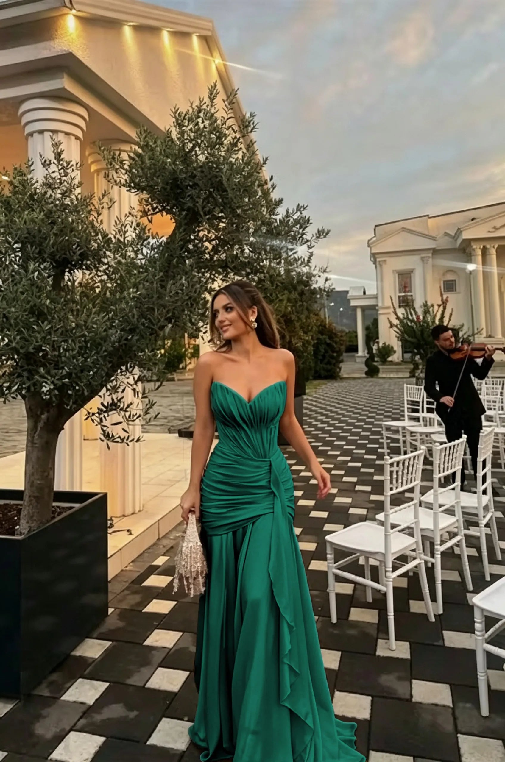 Cocoslly Strapless Sleeveless High Waist Long Prom Dress With Ruffles And Pleated | Dusty Sage Chiffon LR0540