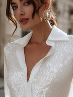 Sequin Embellished Sheer Sleeve Button-Front Blouse