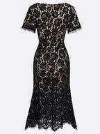 Black Lace Edge Cotton V Neck Short Sleeve Mermaid Midi Dress
