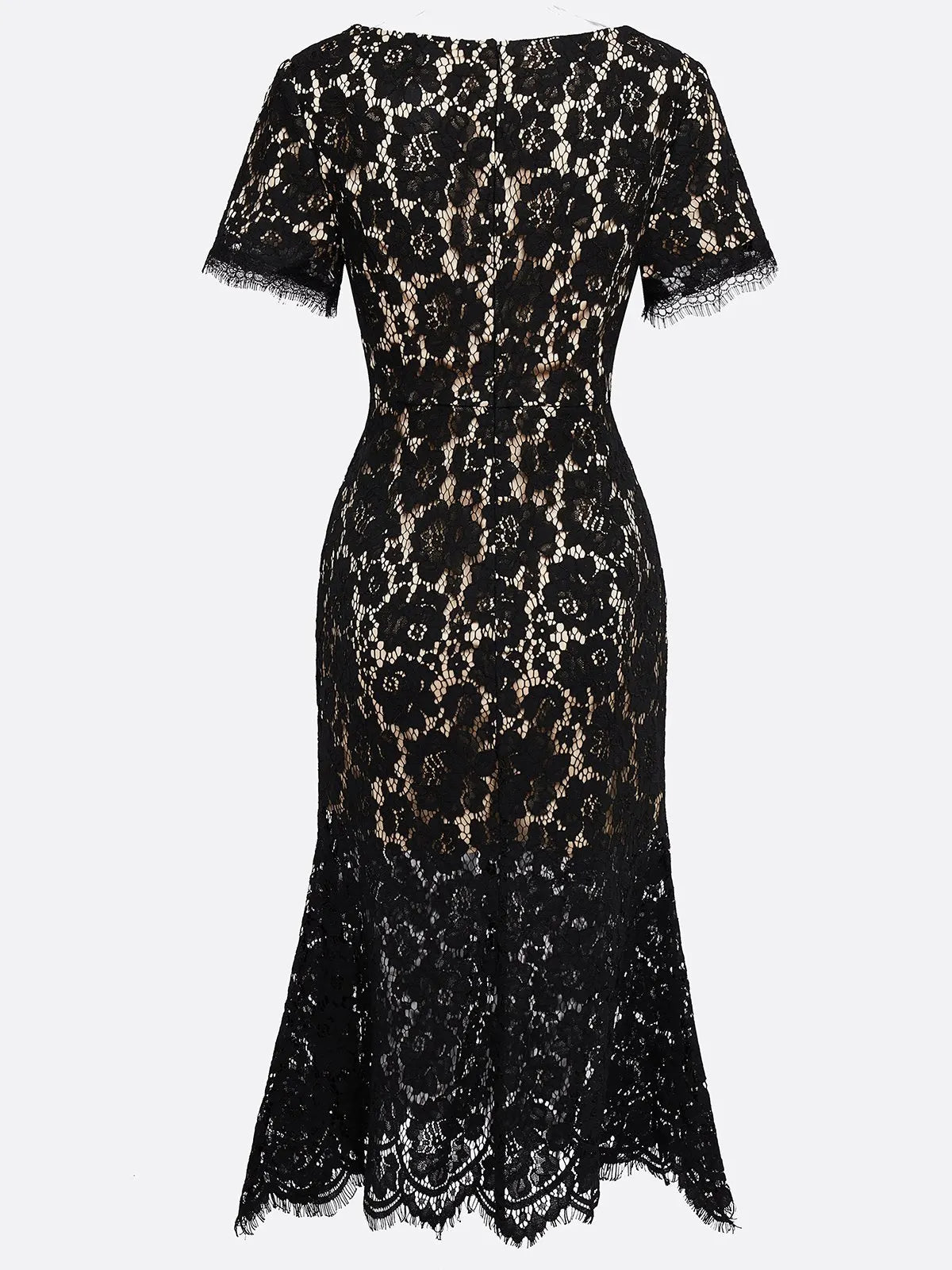 Black Lace Edge Cotton V Neck Short Sleeve Mermaid Midi Dress