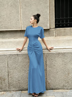 Cocoslly Round Neck Short Sleeves High Waist Long Prom Dress With Pleated | Wine Red Satin DB0023