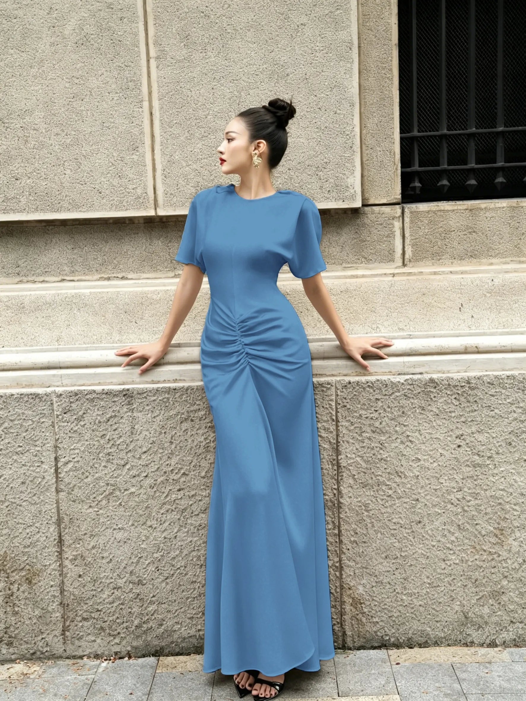 Cocoslly Round Neck Short Sleeves High Waist Long Prom Dress With Pleated | Wine Red Satin DB0023