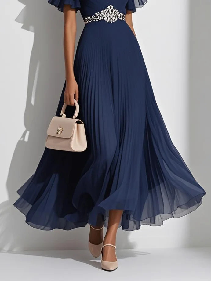 Purplish blue Pleated Rhinestone Chiffon V Neck Short Sleeve Ruffle Sleeve A-Line Maxi Mother of the Bride or Groom Dress