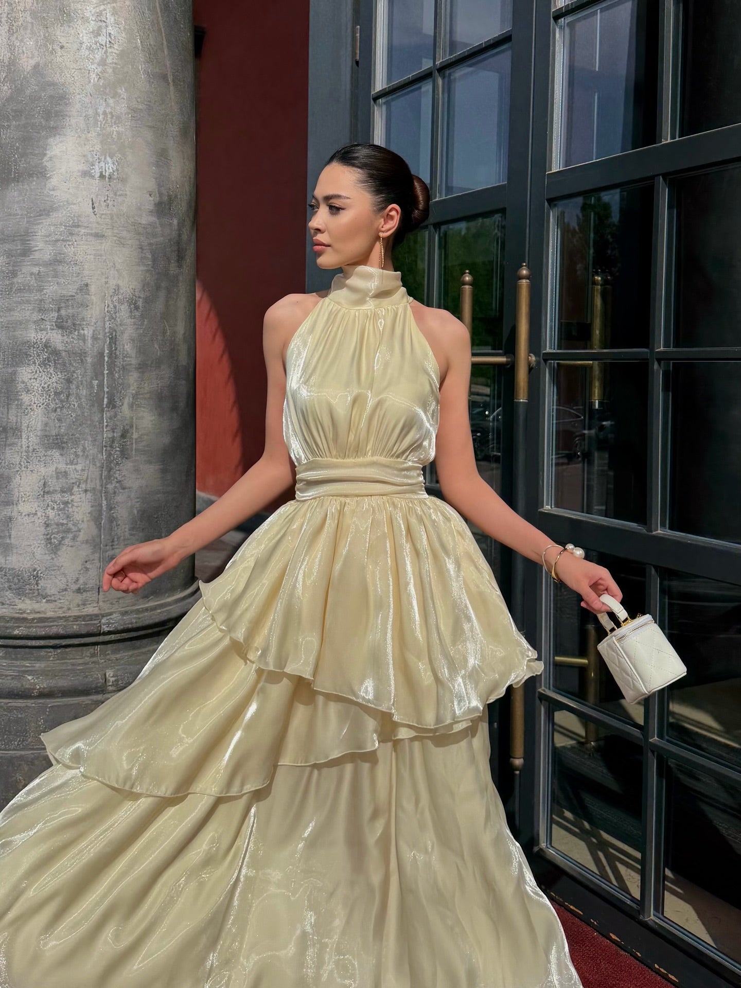 Cocoslly Halter Sleeveless High Waist Long A Line Prom Dress With Ruffles | Champage Satin