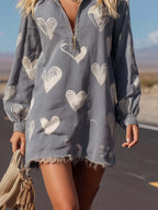 Retro Casual Heart Pattern Lapel Front Zipper Gray Denim Mini Dress