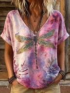 Women's Retro Tie-dye Floral And Dragonfly Pattern Art Print Casual T-shirt