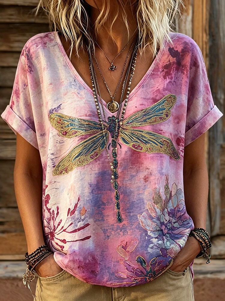 Women's Retro Tie-dye Floral And Dragonfly Pattern Art Print Casual T-shirt
