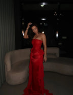 Cocoslly Strapless Sleeveless High Waist Long Mermaid Prom Dress With Train | Red Satin CO0028