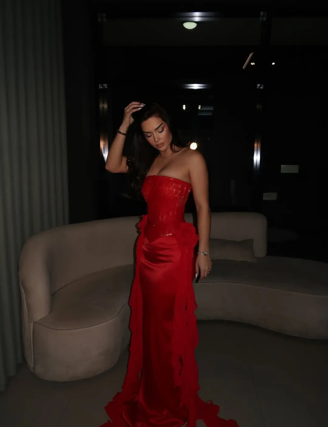 Cocoslly Strapless Sleeveless High Waist Long Mermaid Prom Dress With Train | Red Satin CO0028