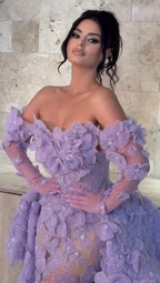 Cocoslly Strapless Long Sleeves High Waist Long Prom Dress With Flowers And Beading Pearls | Lilac Tulle CO0212