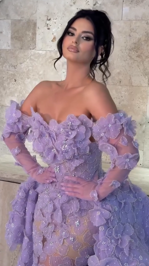 Cocoslly Strapless Long Sleeves High Waist Long Prom Dress With Flowers And Beading Pearls | Lilac Tulle CO0212