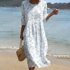 Vintage Floral Art Pattern Linen Blend Loose Three-quarter Sleeve Dress
