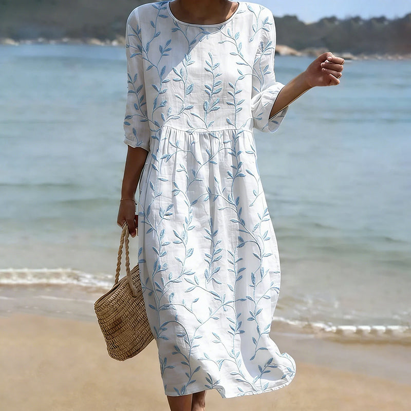 Vintage Floral Art Pattern Linen Blend Loose Three-quarter Sleeve Dress