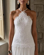 Cocoslly Halter Sleeveless High Waist Long Prom Dress With Appliques | White Chiffon YC0560