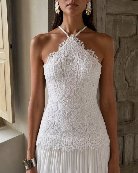 Cocoslly Halter Sleeveless High Waist Long Prom Dress With Appliques | White Chiffon YC0560