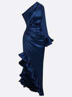 Navy Blue Ruffled Satin One Shoulder Long Sleeve Bell Sleeve Sheath Maxi Dress