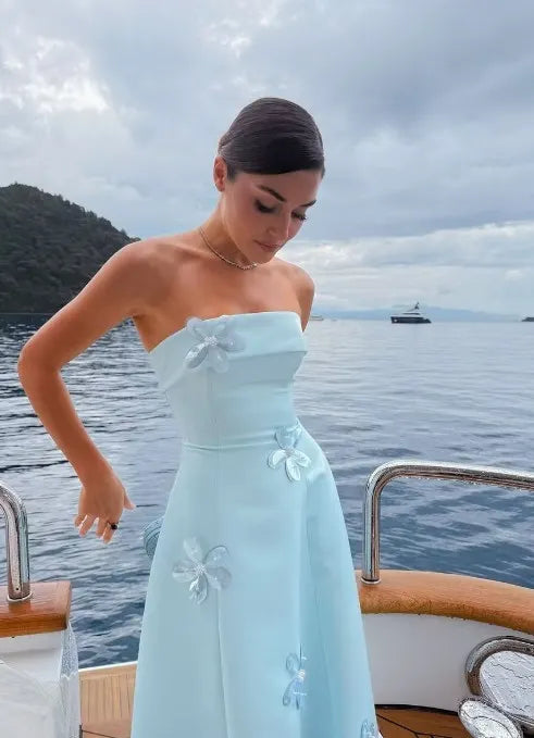 Cocoslly Strapless Sleeveless High Waist Long Prom Dress With Appliques | Mist Blue Satin WQ0251