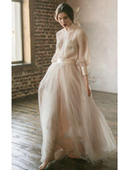 Cocoslly High Neck Long Sleeves High Waist Long Prom Dress | Blushing Pink Tulle LR0409