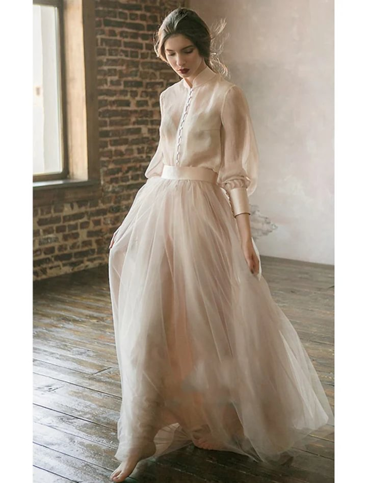 Cocoslly High Neck Long Sleeves High Waist Long Prom Dress | Blushing Pink Tulle LR0409