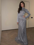 Cocoslly High Neck Long Sleeves High Waist Long Prom Dress With Sequin | Dusty Blue Satin CO0039