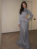 Cocoslly High Neck Long Sleeves High Waist Long Prom Dress With Sequin | Dusty Blue Satin CO0039