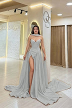 Cocoslly Strapless Sweetheart Sleeveless High Waist Long Split Prom Dress With Scarf | Burgundy Satin YC0479