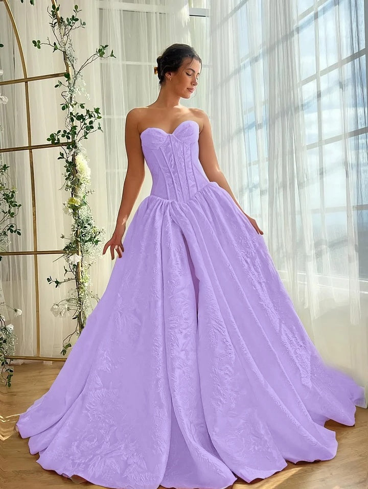 Satin V-Neck Strapless Sleeveless Long A-Line Prom Dress With Split And Pleated YK0614