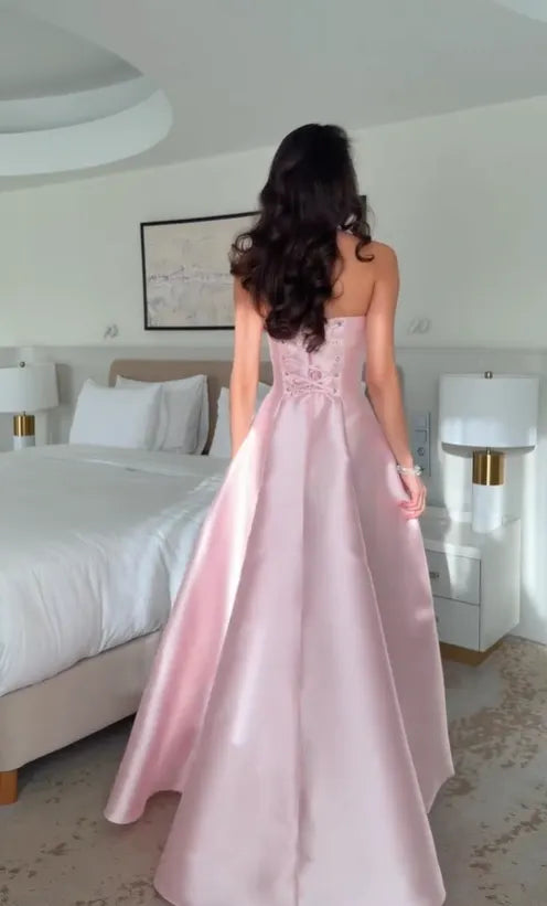 Cocoslly Strapless Sleeveless Long A-Line Prom Dress With Sequins Beadings | Pink Satin CO0058