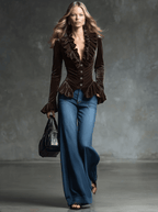 Fashion Retro Cocoa Brown Velvet V-Neck Ruffled Long-Sleeved Shirt