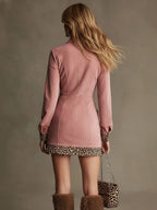 Western Retro Long-Sleeved Leopard Print Pink Faux Suede Mini Dress