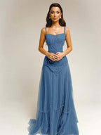 Tulle Square Neck Spaghetti Straps Strapless Sleeveless Long A-Line Prom Dress With Beadings YK0789