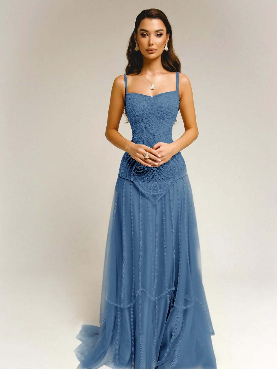 Tulle Square Neck Spaghetti Straps Strapless Sleeveless Long A-Line Prom Dress With Beadings YK0789