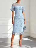 Light Blue 3D Floral Lace Crew Neck Short Sleeve Puff Sleeve Sheath Midi Dress