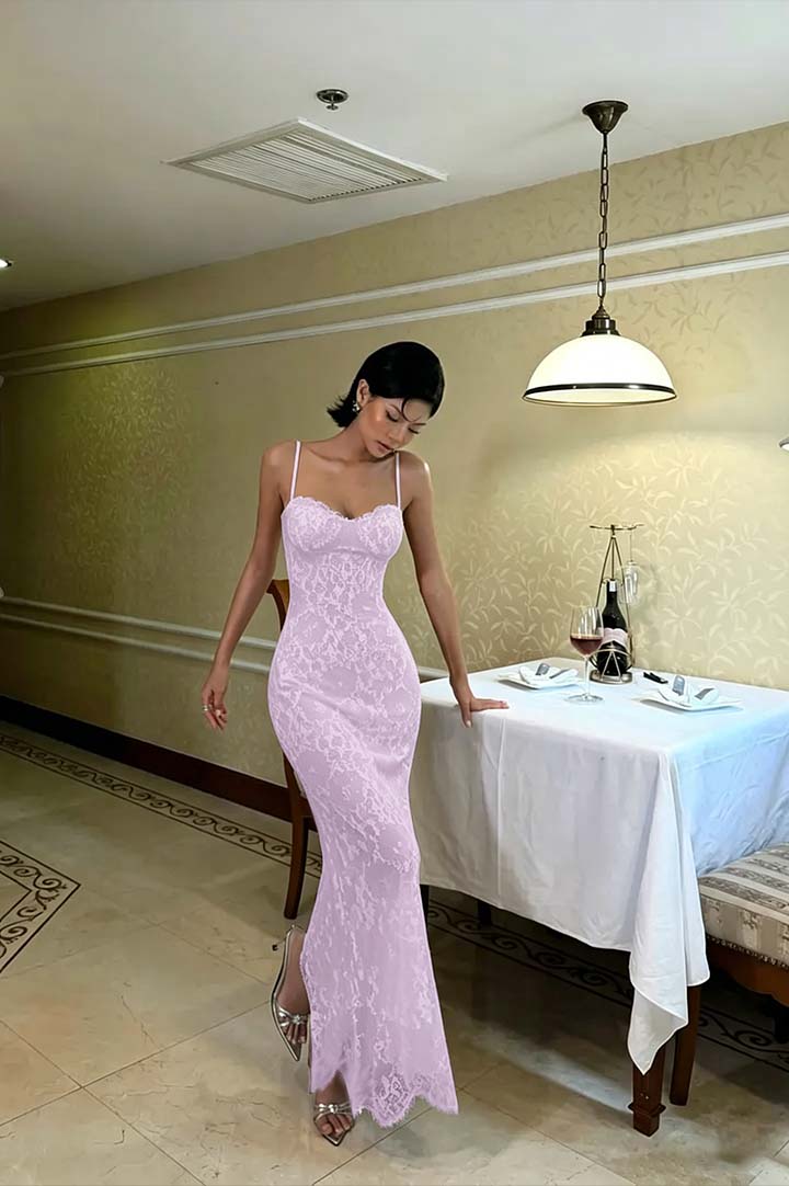 Cocoslly Spaghetti Straps Sleeveless High Waist Long Mermaid Prom Dress | Red Lace LR0435