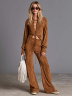 Western Boho Tan Faux-Suede Lace-Up Top And Wide-Leg Pants Set