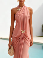 Rose Pink Metal Ruched Classic Halter Sleeveless Bodycon Floor-length Gown Dress