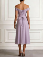 Purple Pleated Chiffon Off The Shoulder Sleeveless A-Line Midi Dress