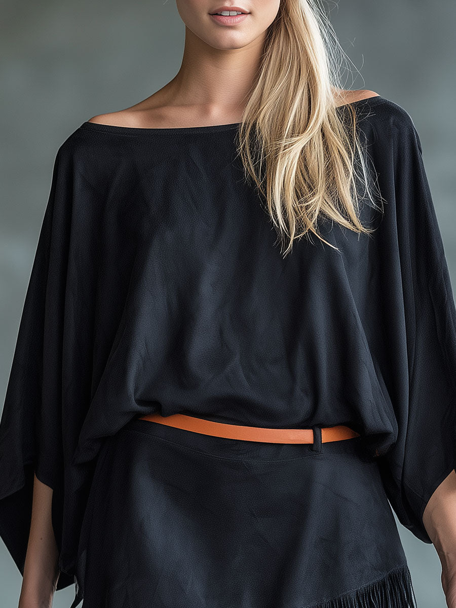 Casual Retro Tassel Black Batwing Sleeve Faux Suede Mini Dress