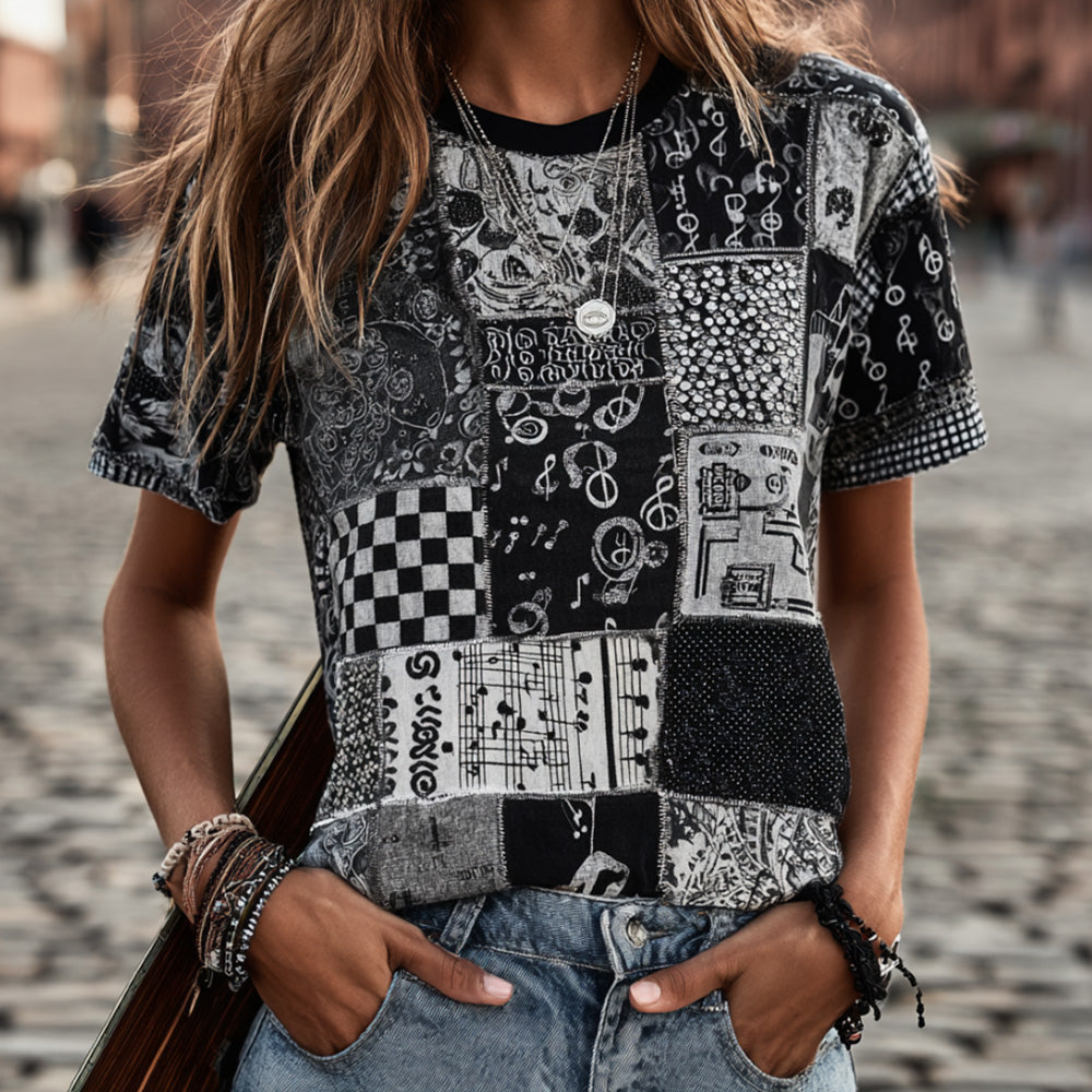Vintage Hippie Style Music Symbol Black And White Spliced Short Sleeve T-shirt
