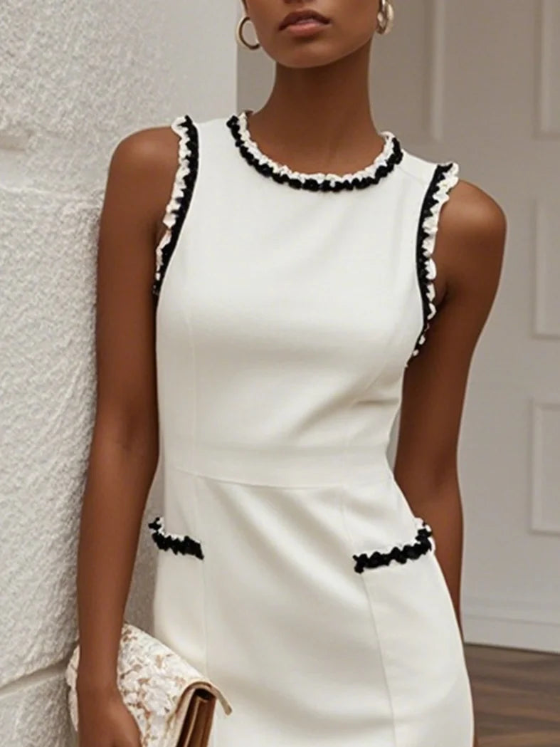 White Lace Cotton Classic Crew Neck Sleeveless Balloon Sleeve Sheath Midi Dress